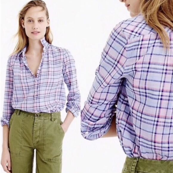 J. Crew Tops - J. Crew Women's Gathered Henley Lilac Plaid Shirt
